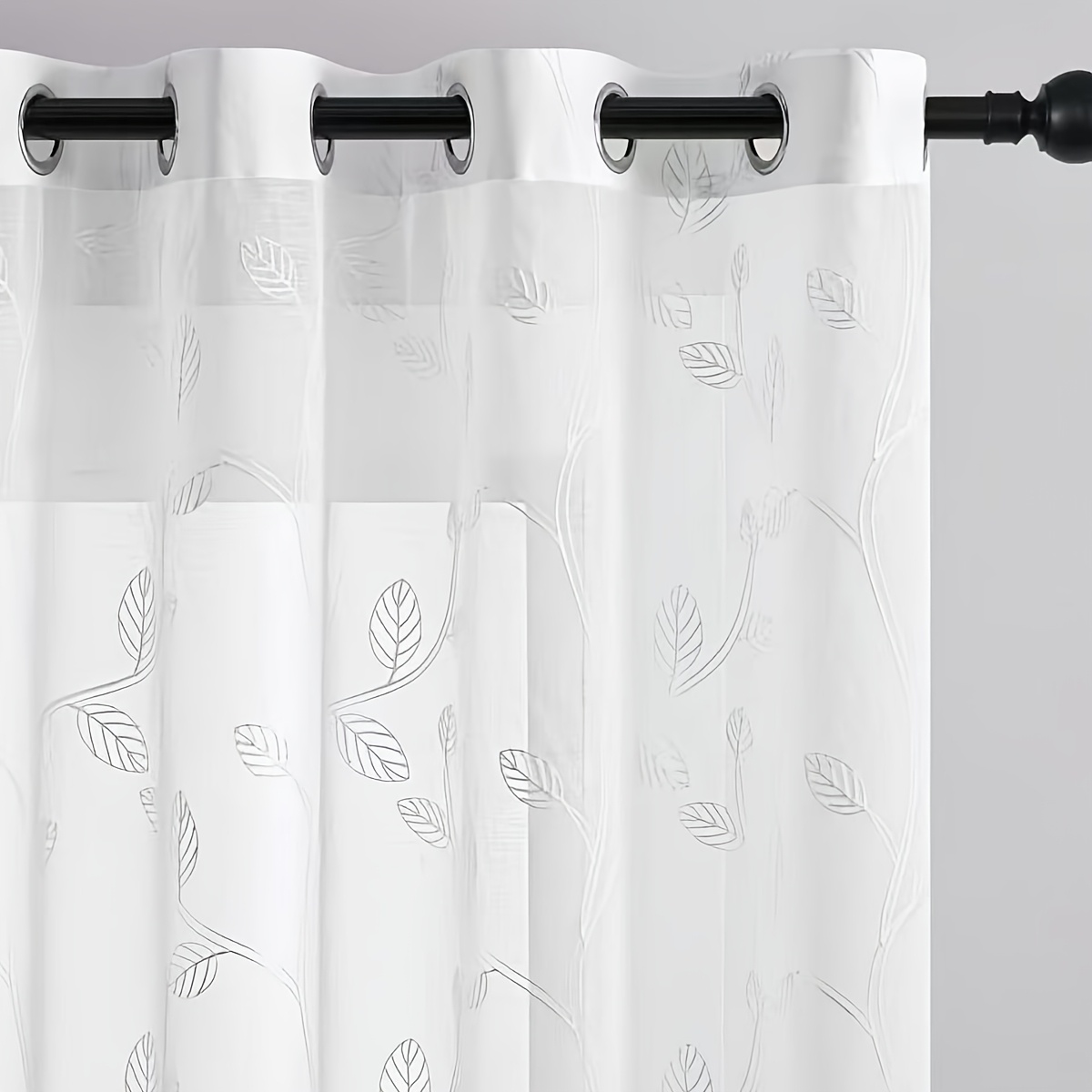 Image of 2pcs White Cherry Leaf Embroidered Sheer Curtain With Pads, Semi-transparent Filter Decorative Curtains For Bedroom, Office, Living Room, Dining Area, Patio, Balcony Decoration