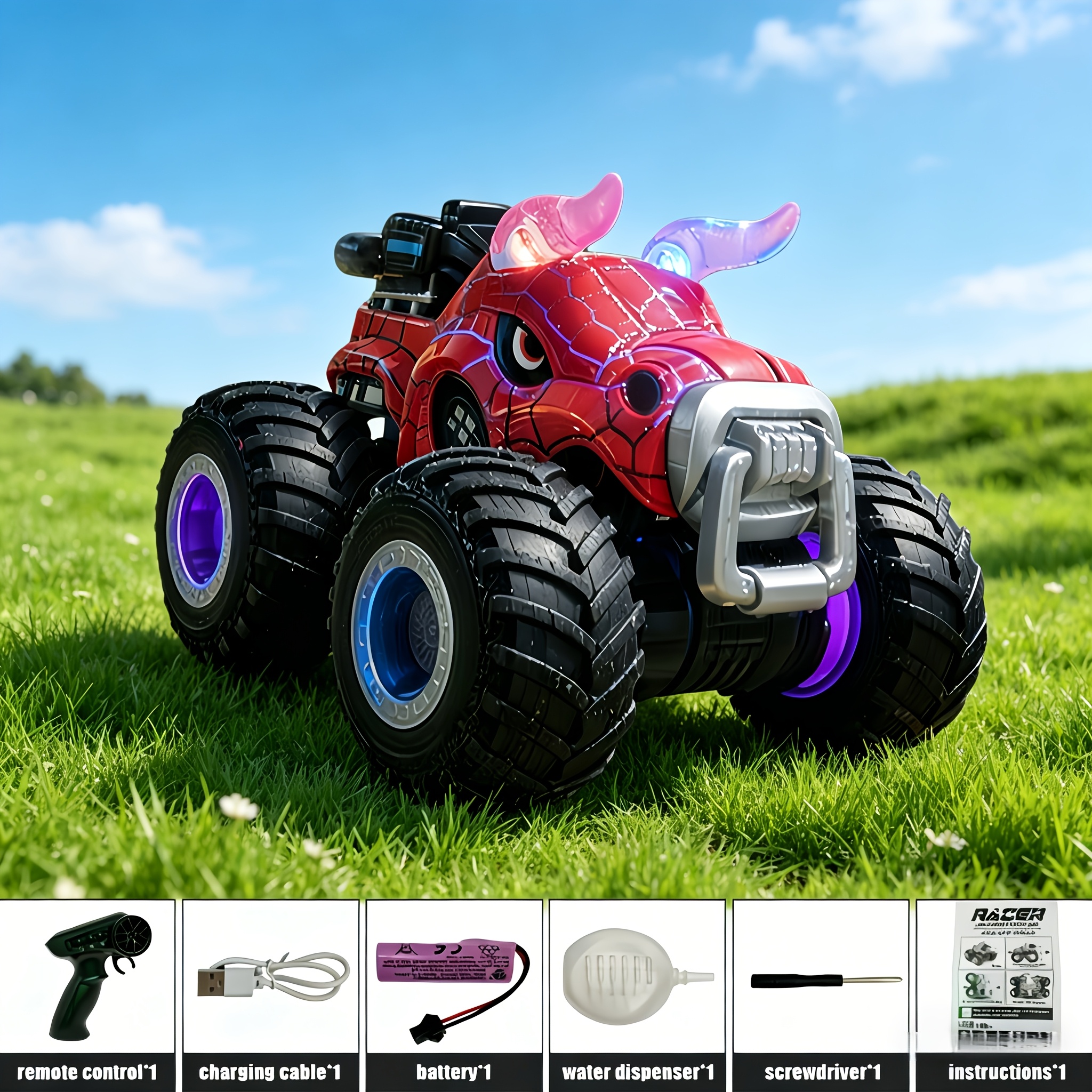 TEMU New Dinosaur Spray Remote Control Car, 4wd Rc Cars. Off-road Vehicle, With Spray Function And Cool Led Lights, 360-degree Stunt Rotation, Bull