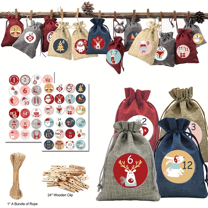 

Ensemble de 24 pièces, Ensemble de Sacs Cadeaux de Noël, Compte à Rebours du Calendrier de l'Avent, Sac en Toile de Jute à Suspendre, Sac d'Emballage de Bonbons, Sac de Noël à Cordon