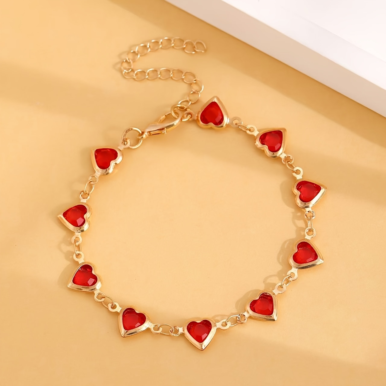 Heart Shaped Synthetic Ruby Bracelet for Women, Copper Alloy