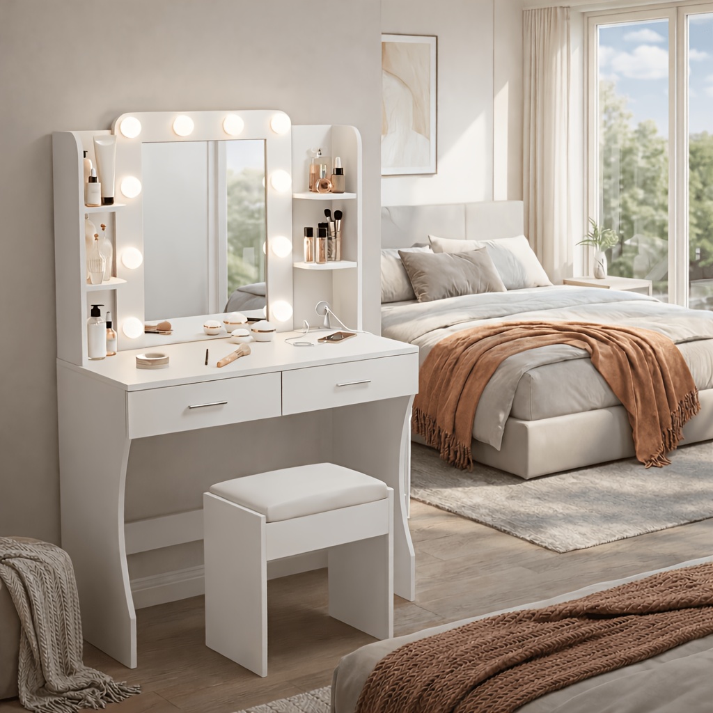 TEMU Makeup Vanity Desk With Stool Set, Built-in Ac & Usb Charging Station, 3-color Dimmable Led Lighted Mirror, Multiple Drawers & Open Shelves For