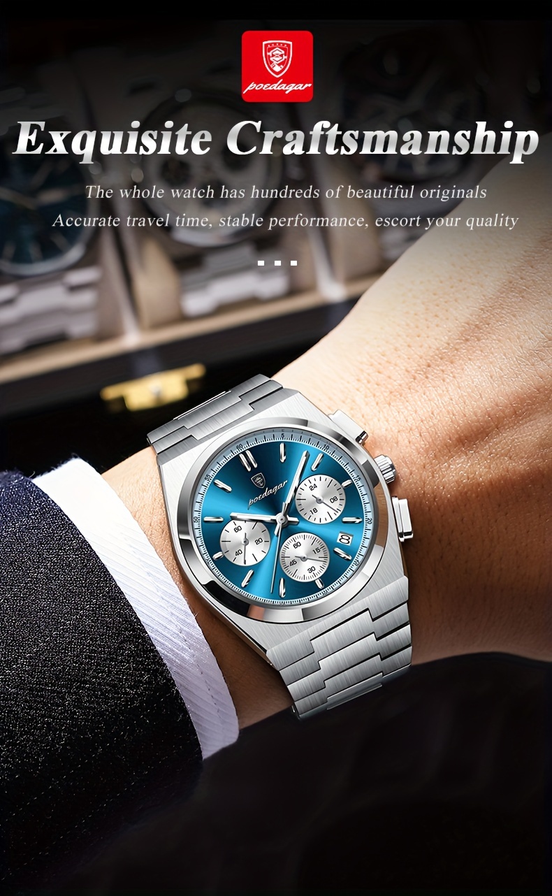 high end business luxury stainless steel quartz watch mens waterproof luminous calendar chronograph wristwatch details 4
