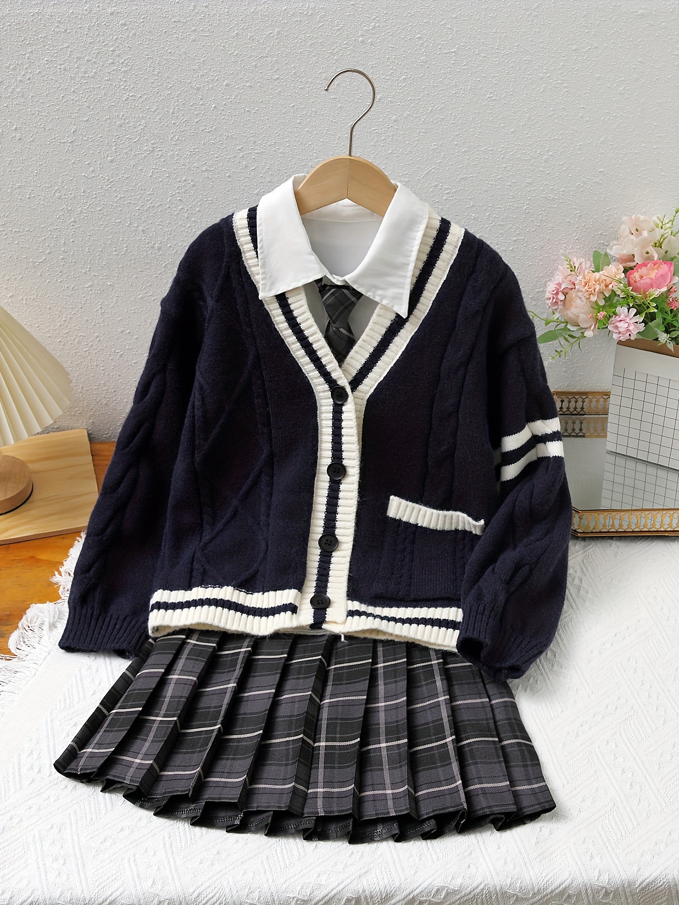Skirt Cardigan Uniform Girls' Casual Autumn Set Navy Sweater Temu Oman