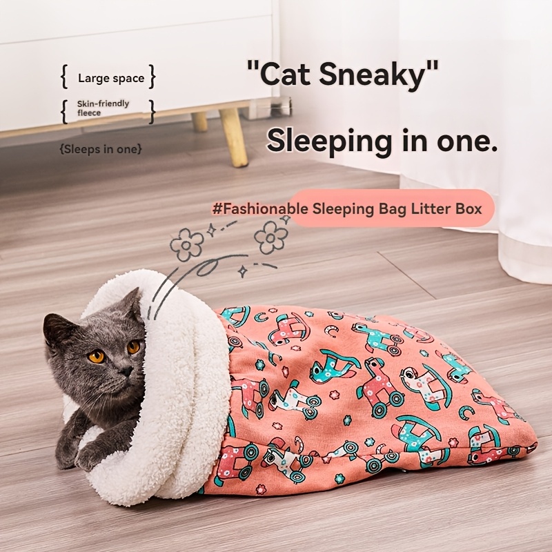 

Cozy Pet Cat Bed - Winter Warm Kitten Sleeping Bag With Cartoon Pattern, Semi-enclosed Design, Soft Pp, Contemporary Style, Non-electric, #fashionablesleepinglitterbox, Cat Sleeping Bag