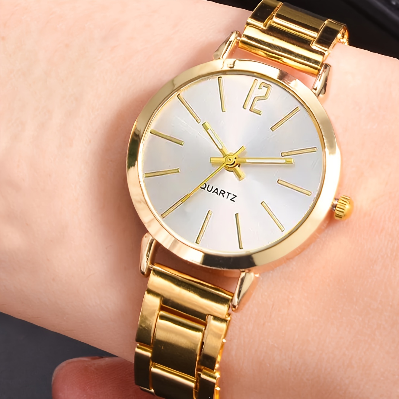 2 pcs golden round quartz watches zinc alloy strap zinc alloy pointer zinc alloy dial and alloy bracelet jewelry for women details 0