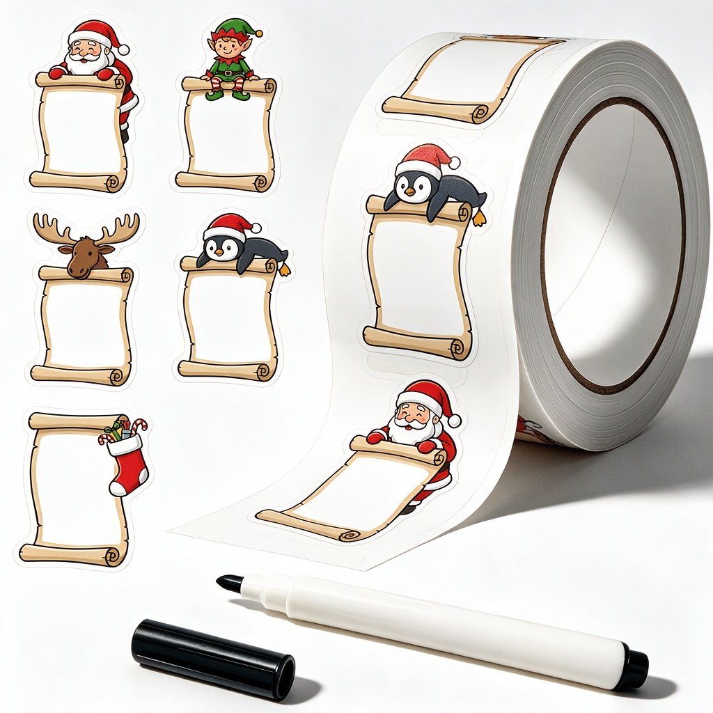 TEMU 200 Stück (Inklusive 1 Stift) Weihnachts-Themen Scroll Malerei Rand Aufkleber Rolle Schreibbare Etiketten 5 Designs 1.6 X 2 Zoll Feiertags