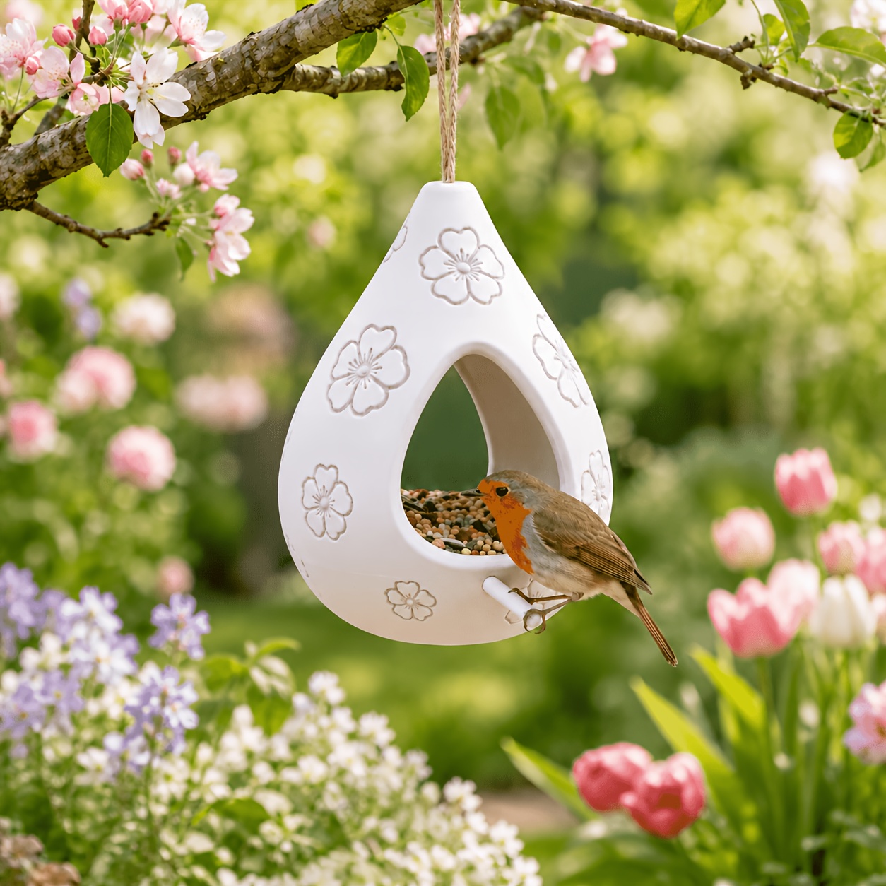TEMU Buiten Vogelvoeder, Hangende Traanvormige Vogelvoederbak, Weerbestendige Kleine Vogelvoederbak met Reliëf Bloemmotief, Decoratief Hangornament