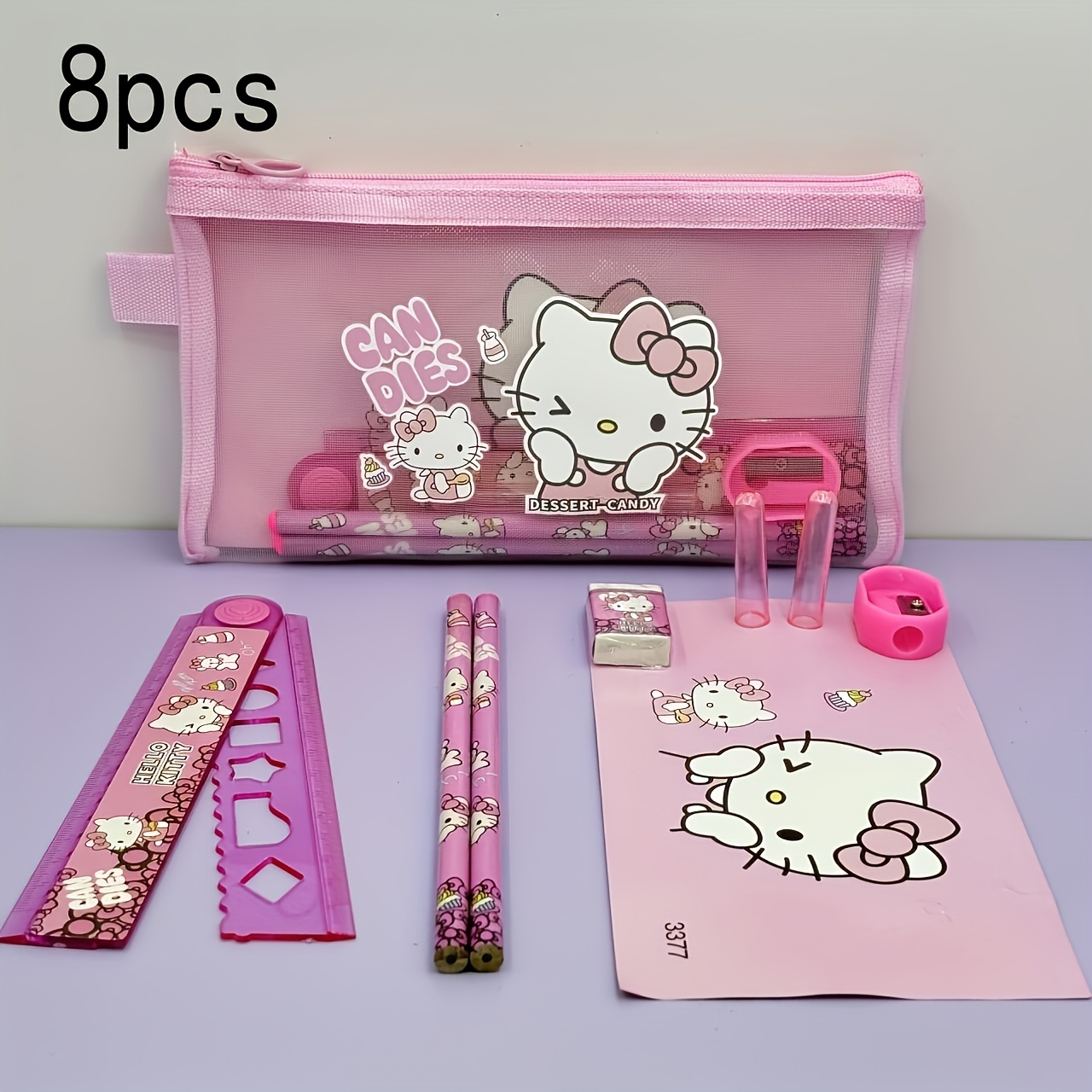 

8pcs Sanrio Nylon Mesh Stationery Set, Including A Pencil Case, Gifting, Featuring As Pencils, Erasers, And Notebooks.