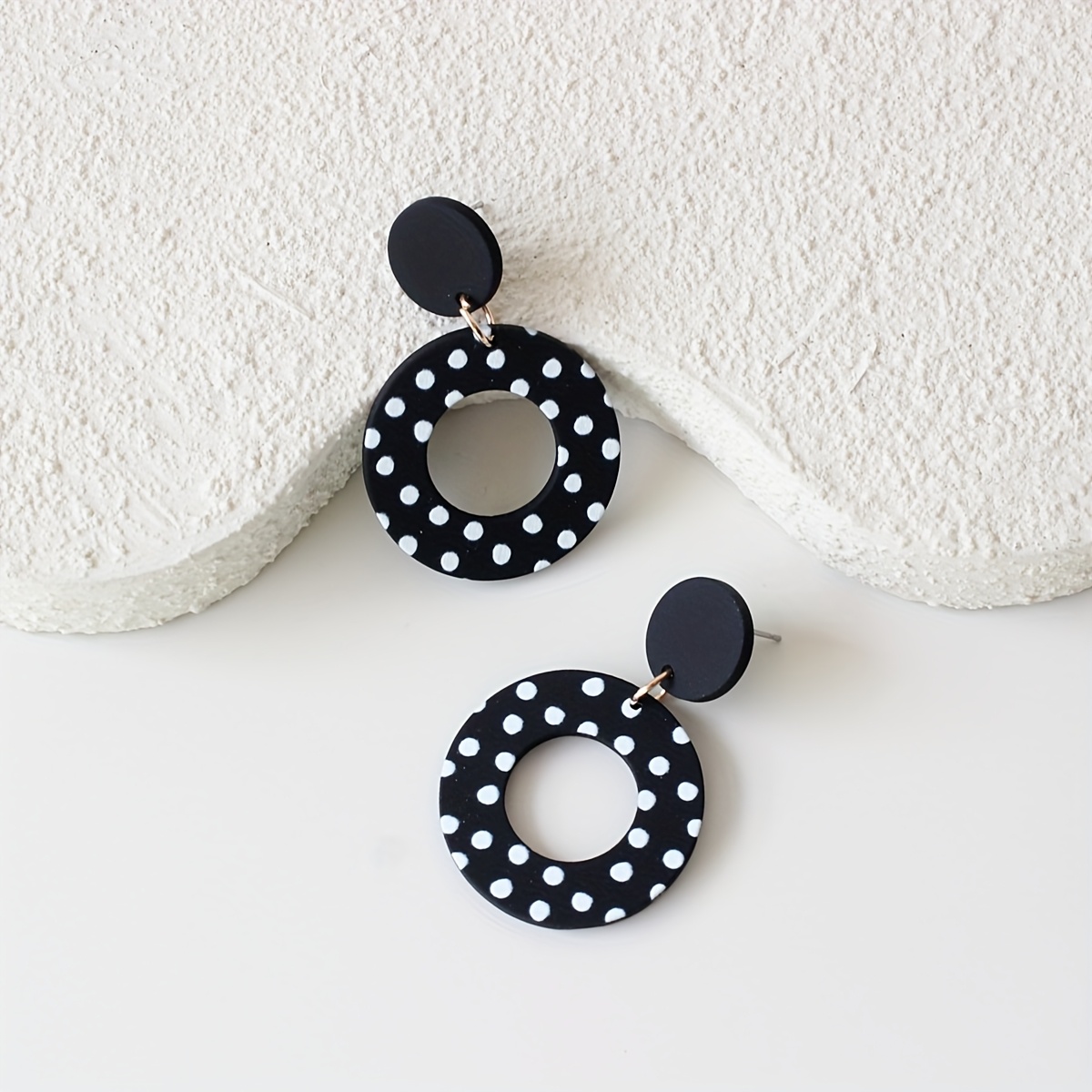 Classic Black Hollow Round Vintage Polka Dot Acrylic Drop Earrings