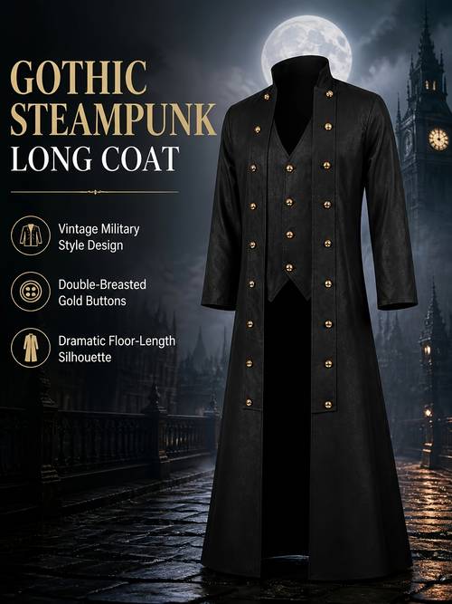item picture vintage medieval style coat with cross strap waist cinching long length solid color long sleeves stand up collar and three button front for men