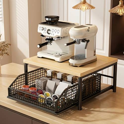 space saving black white countertop storage rack kitchen microwave oven rack riser with drawer sturdy pine board and metal structure used for tableware bowls and plates no electricity stylish design