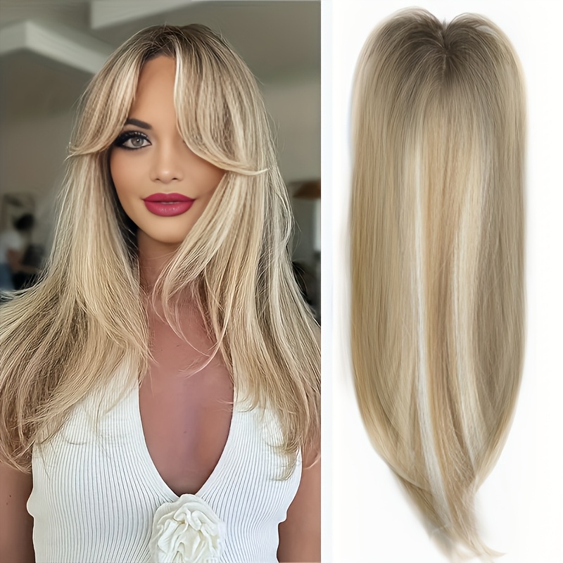 

1pc Elegant Straight Synthetic Wig Topper For Women - 22" Ombre Blonde With Deep , Fiber, , Easy To , Suitable For All Hair Types, Includes Bangs