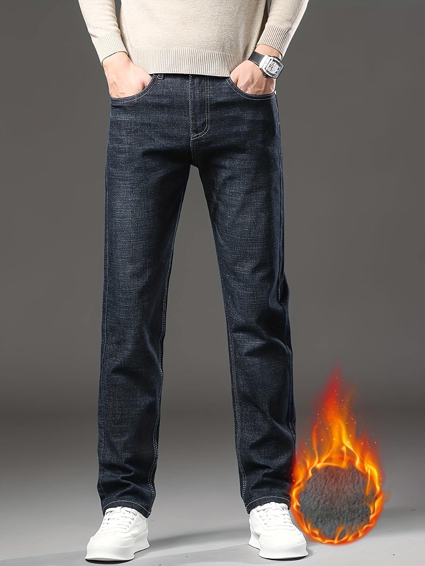 Mens Jeans Jeans With Warm Inside Men' Color Fleece Lined Jeans