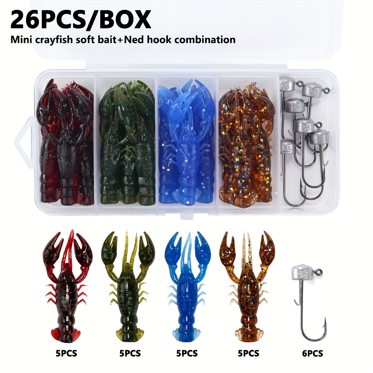 26pcs Ned Head Hook Pliers Soft Bait Shrimp Combination, Suitable For , Slow-sinking Lures, And Wild Fishing