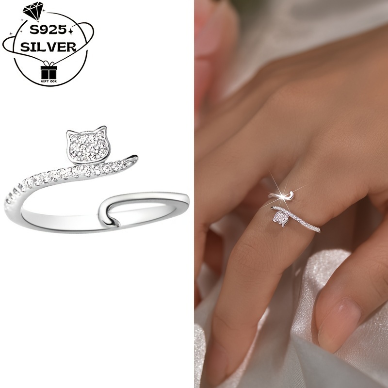 925 Silver Cat Zirconia Open Ring for Women