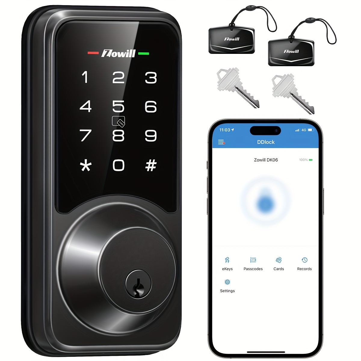 

Zowill - Keyless Entry Door Lock With App Control, Touchscreen Keypad Electronic Digital Lock, Auto-lock, Easy Installation, Smart Deadbolt Lock For Front Door - Matte Black