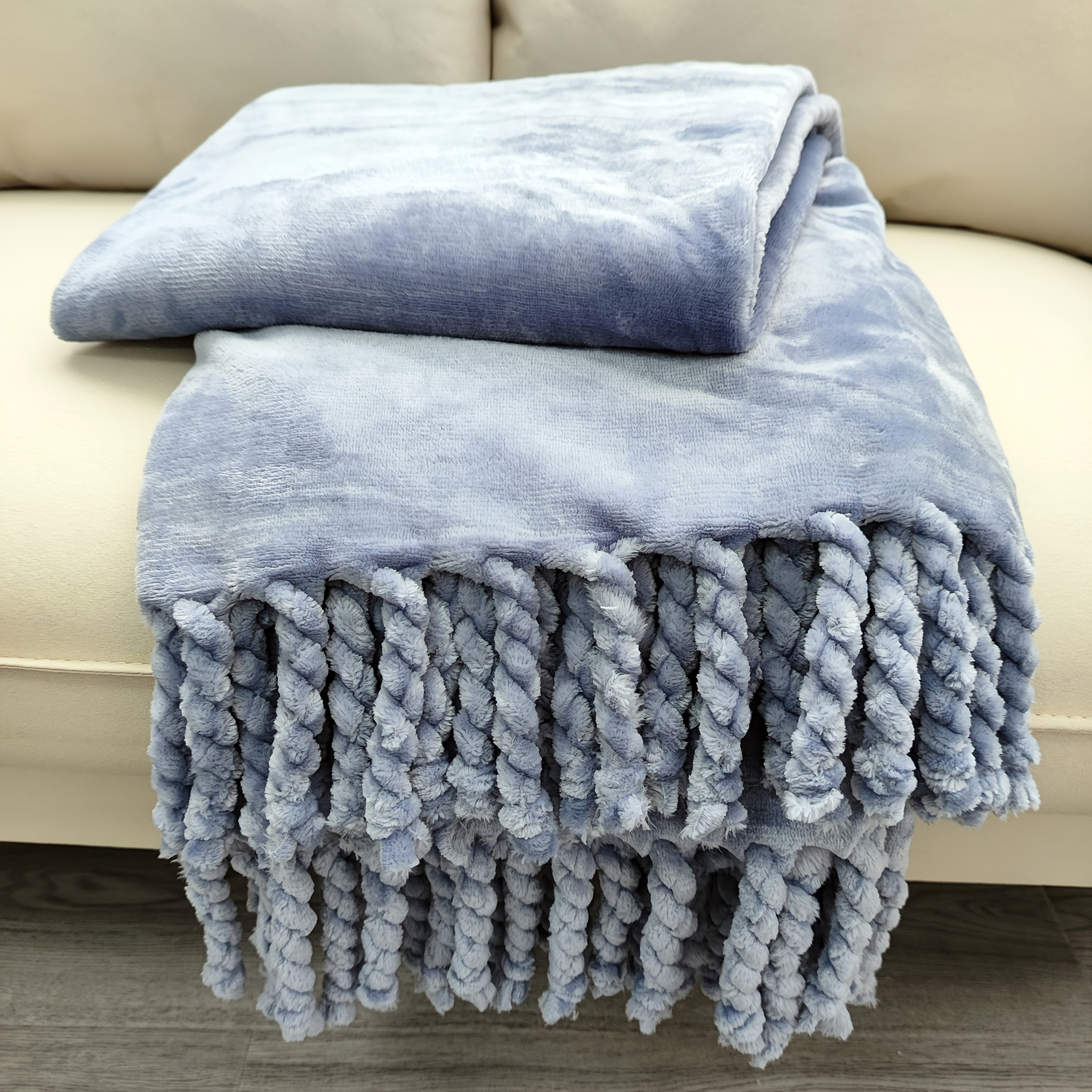 Image of Flannel Fleece Tassels Blankets Braided Tassel Fringe, Plush Soft Lightweight Throw Blanket For Couch Chair Bed Sofa Bedroom Living Room Camping