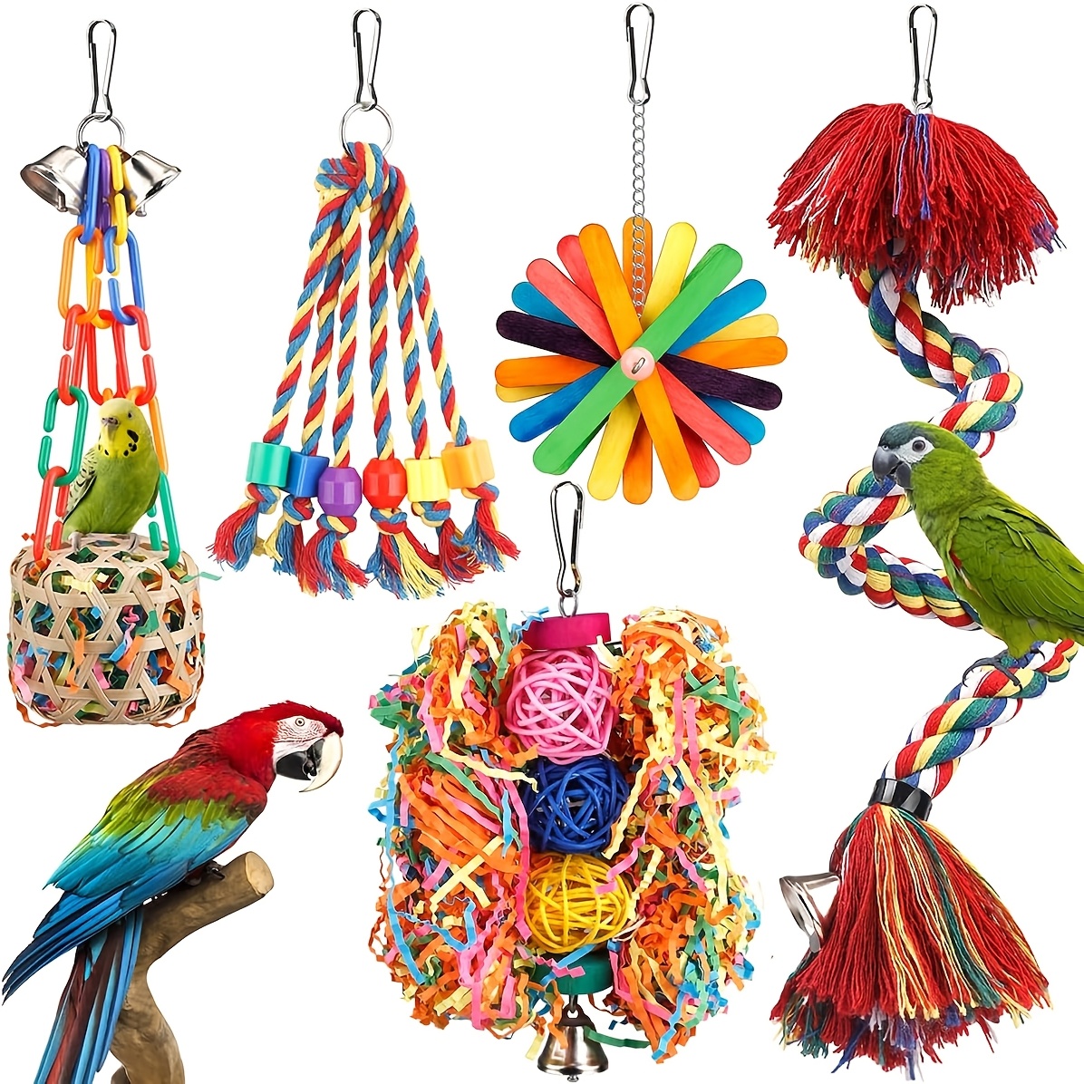 Image of 5pcs Parrot Chew & Foraging Toy Set With Wood Swing, Rotating, Chewable Rope & Ball - Bird Enrichment Activity For Small/medium Parrots (cockatiils, Conures, Lovebirds)