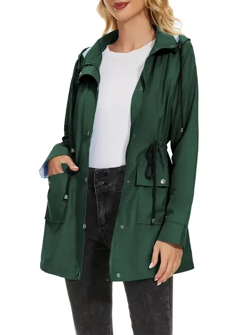 womens high quality lightweight windbreaker raincoat hooded long trench coat with adjustable drawstring waist hem button accented casual outdoor rain jacket hand wash only