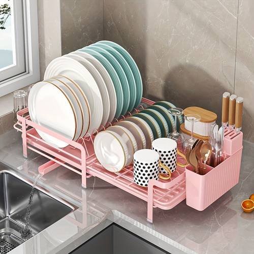 1pc estante expandible para secar platos, estante ajustable para fregadero y escurridor compacto para encimera de cocina con porta utensilios, bandeja de drenaje, para el hogar, fregadero de encimera, y rosa