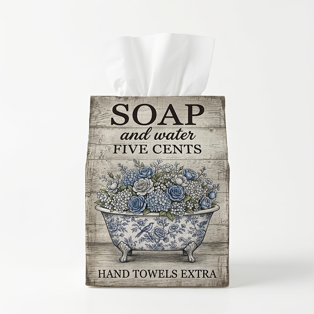 TEMU 1 pièce Housse de boîte à mouchoirs vintage rustique de ferme "SAVON et EAU CENTS" Baignoire et floral bleu pour mouchoirs carrés/à tirage
