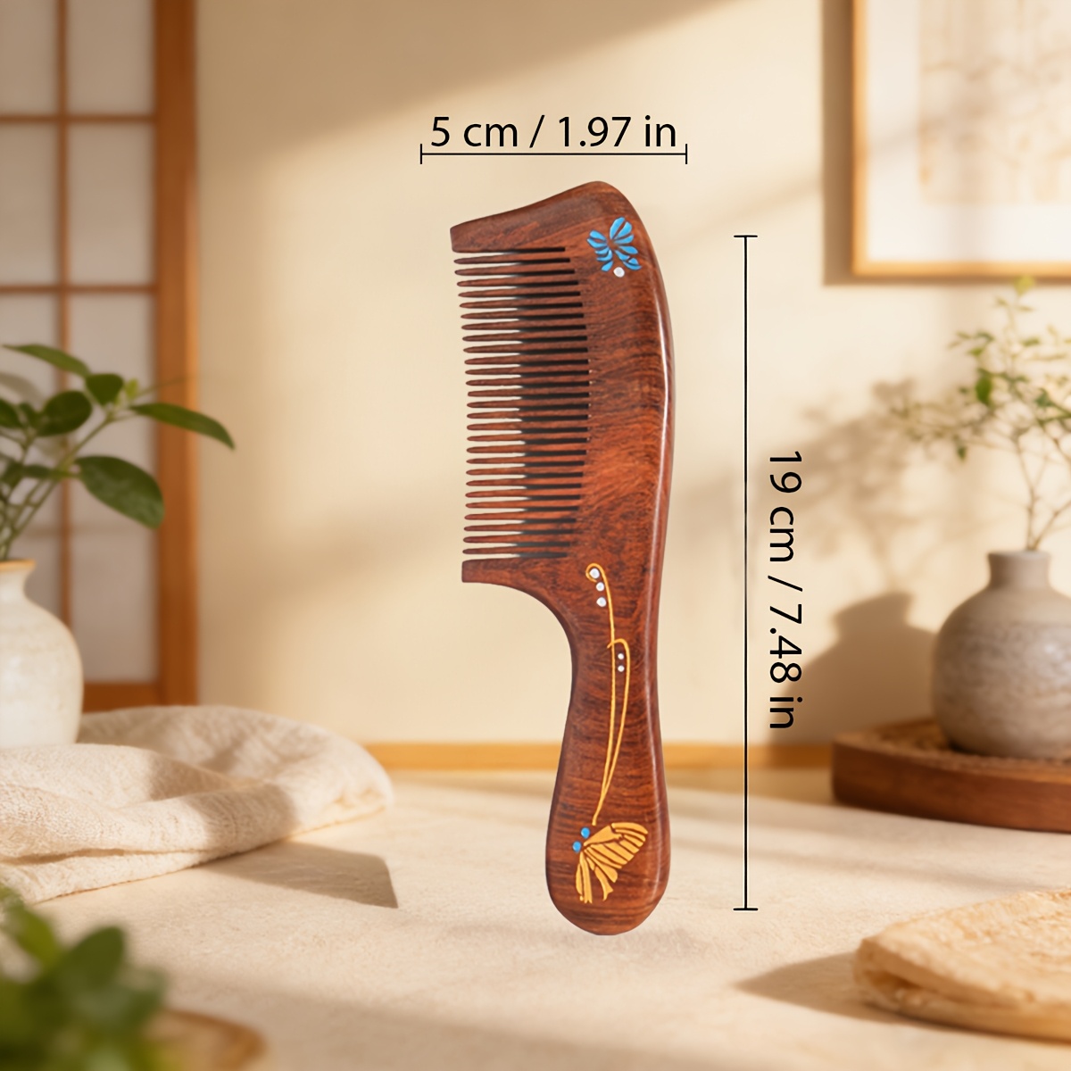 TEMU 1 peigne en bois de Lune, deux styles de poignées et deux imprimés, quatre options. Outil de coiffure pour femmes, peigne de massage du cuir .