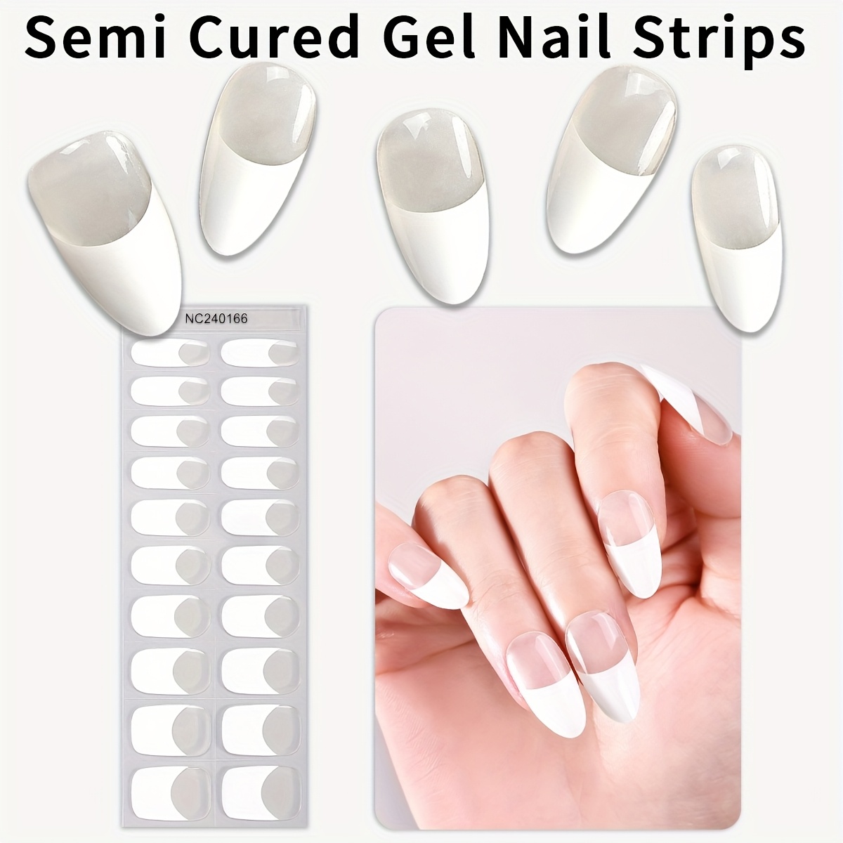 Image of 20pcs French Semi Cured Gel Nail Strips, Spring Summer White Nails Plain Self Adhesive Gel Nail Full Wraps, , Lasts 14 Days, Nail Supplies For Ladies Home Nail Stickers