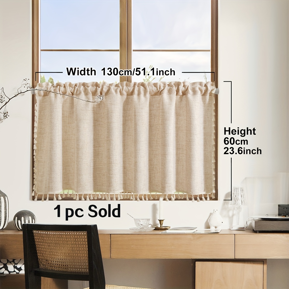 Image of 1pc, Beige Tassel Curtain, Japanese Minimalist Style Coffee Curtain, Suitable For Window Cabinet Door Decoration