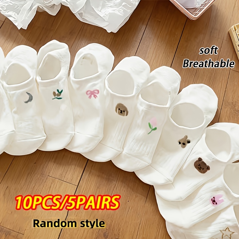 10pcs Set (5 Pairs) - Random Light-colored Low-cut Ankle Socks For Spring/summer, Breathable, Invisible, Non-slip, Versatile And Cute Socks For Women