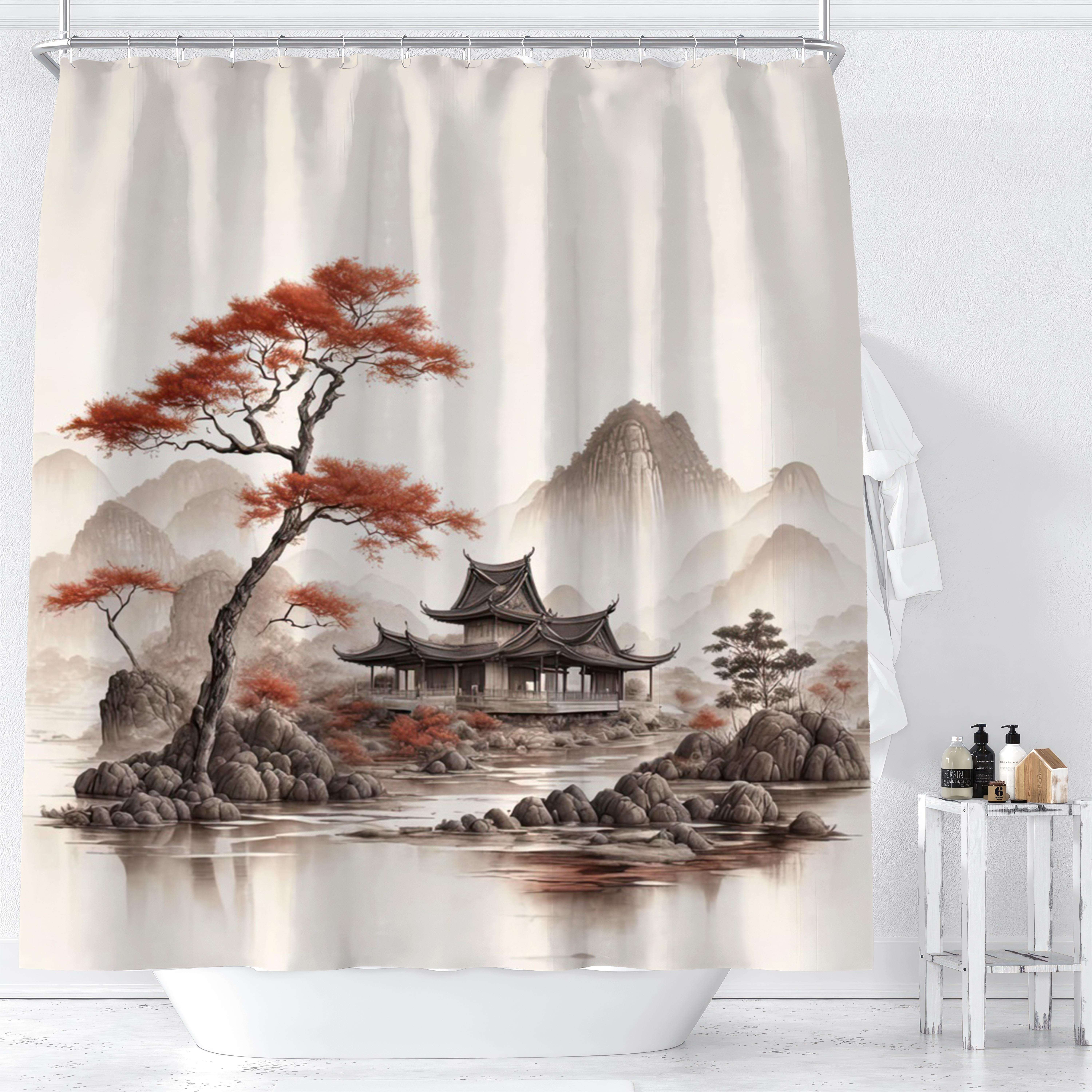 

1pc Oriental Ink Painting Shower Curtain With House, Stream, Trees, Foliage & Mountain Scenery, Digital Print, Bathroom Decor