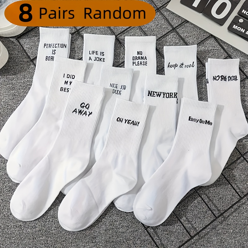 Image of 5/8 Pairs Random Unisex Socks, Preppy Style Letter Mid-tube Socks, Sports Couple Socks For Autumn And Winter
