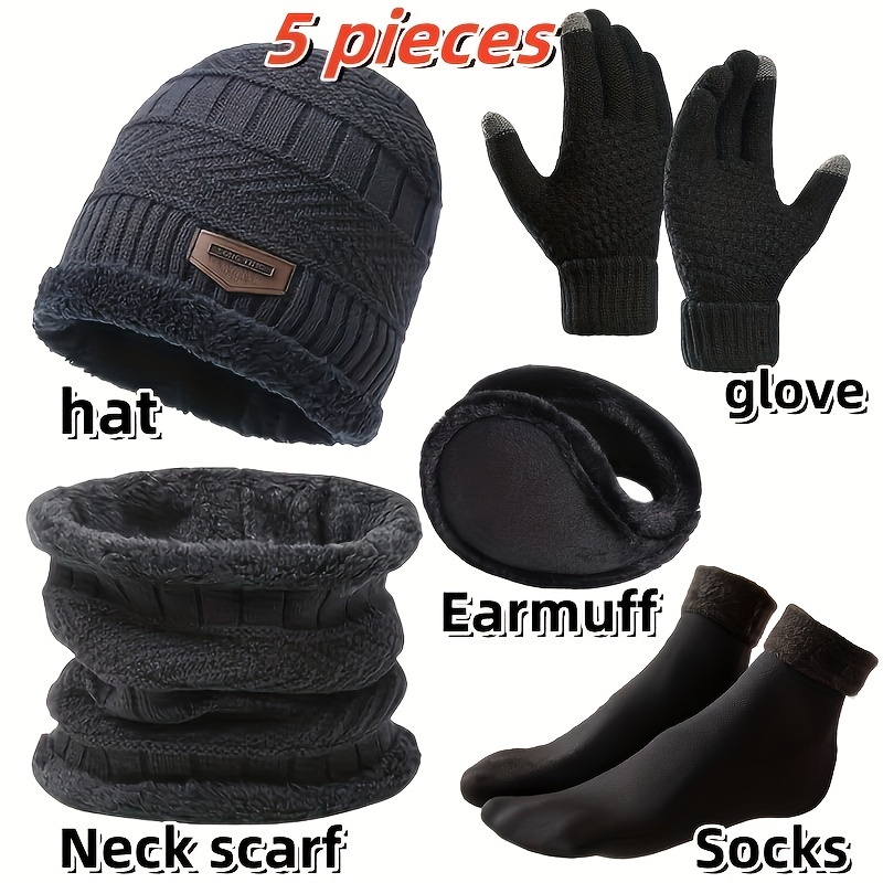 

5-piece Winter Set – Knit Beanie, Thermal Gloves, Faux Fur Earmuffs, Neck Scarf, Non-slip Socks – Basic Polyester Cold Weather Kit For Men And Women