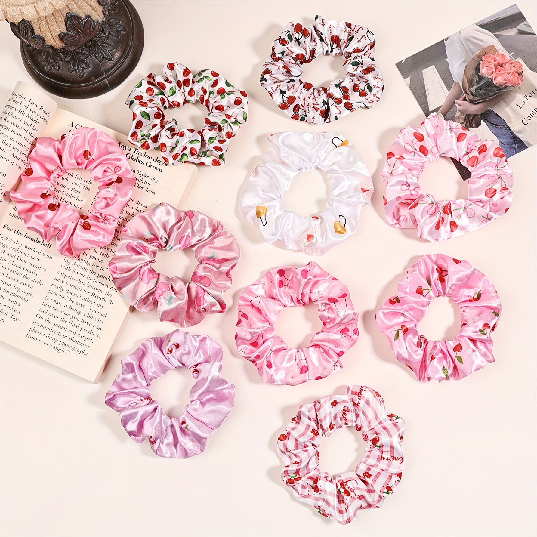 10pcs Satin Cherry Hair Ties, Small, Clear, And Versatile Hair Accessories For Girlfriend