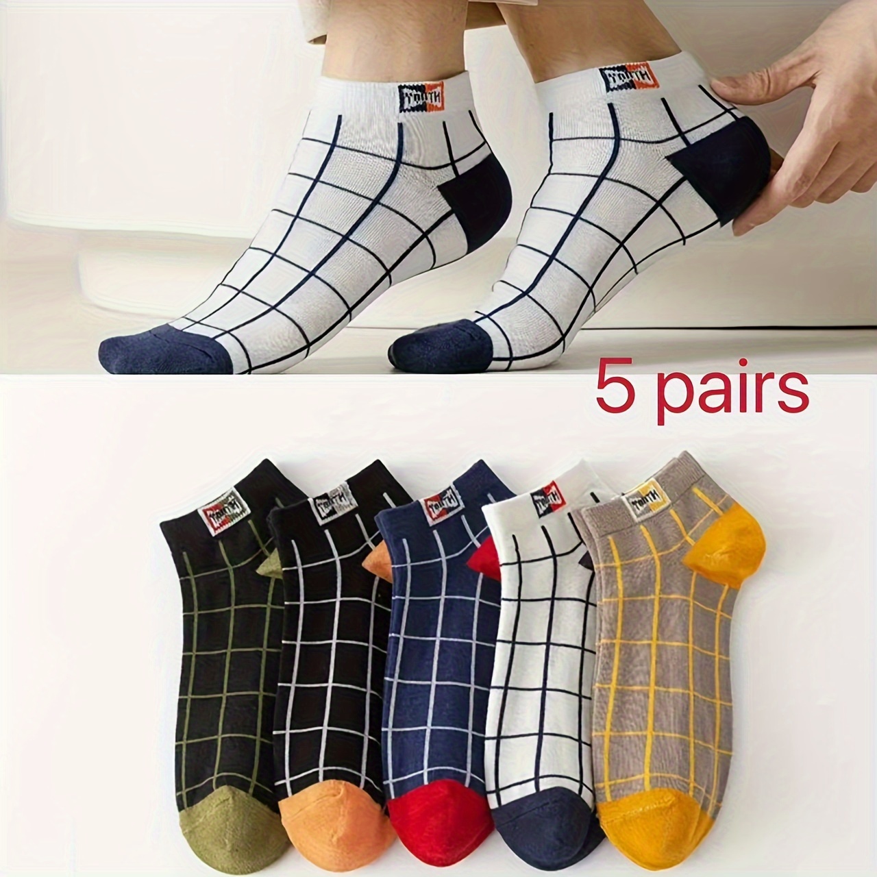 TEMU 5 Pairs Men's Short Plaid Crew Socks, Breathable Comfy Casual Socks Simple Fashion Sports Socks For Outdoor Fitness Basketball Running