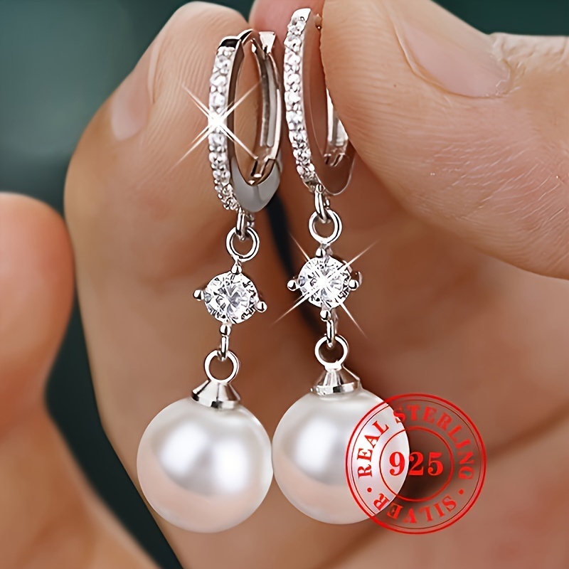 

1 Pair Fashion Hoop Earrings With Elegant Faux Pearl Pendants, S925 Sterling Silver, Women's Daily Party Jewelry, Vintage & Elegant Style