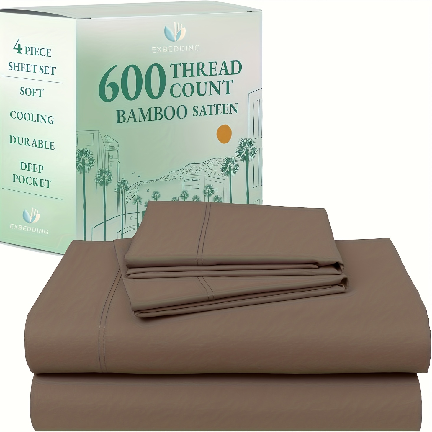 TEMU 4pcs Bamboo Cooling Bed Sheets - Viscose From Bamboo Cooling Sheets, 14" Deep Pocket, Breathable And Luxury Bedding For Hot Sleepers, Wrinkle Resistant - Flat Sheet, Fitted Sheet And Pillowcase
