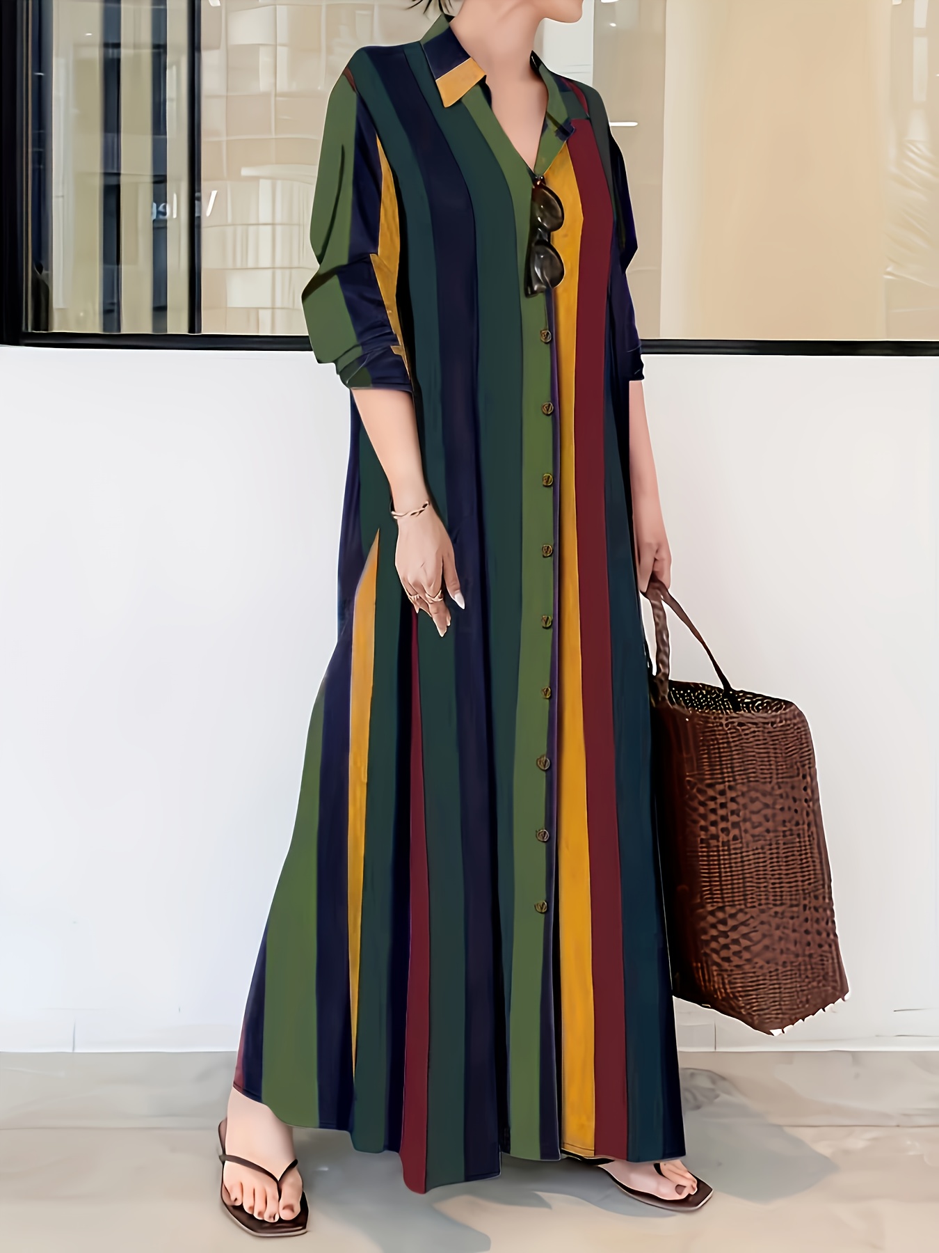 Elegant Women S Colorful Striped Button-Up Long Dress - V-Neck, Long Sleeve, Flowy Maxi Dress with Pockets,   Casual or Formal Occasions,   Attire |   Dress | Glossy Texture