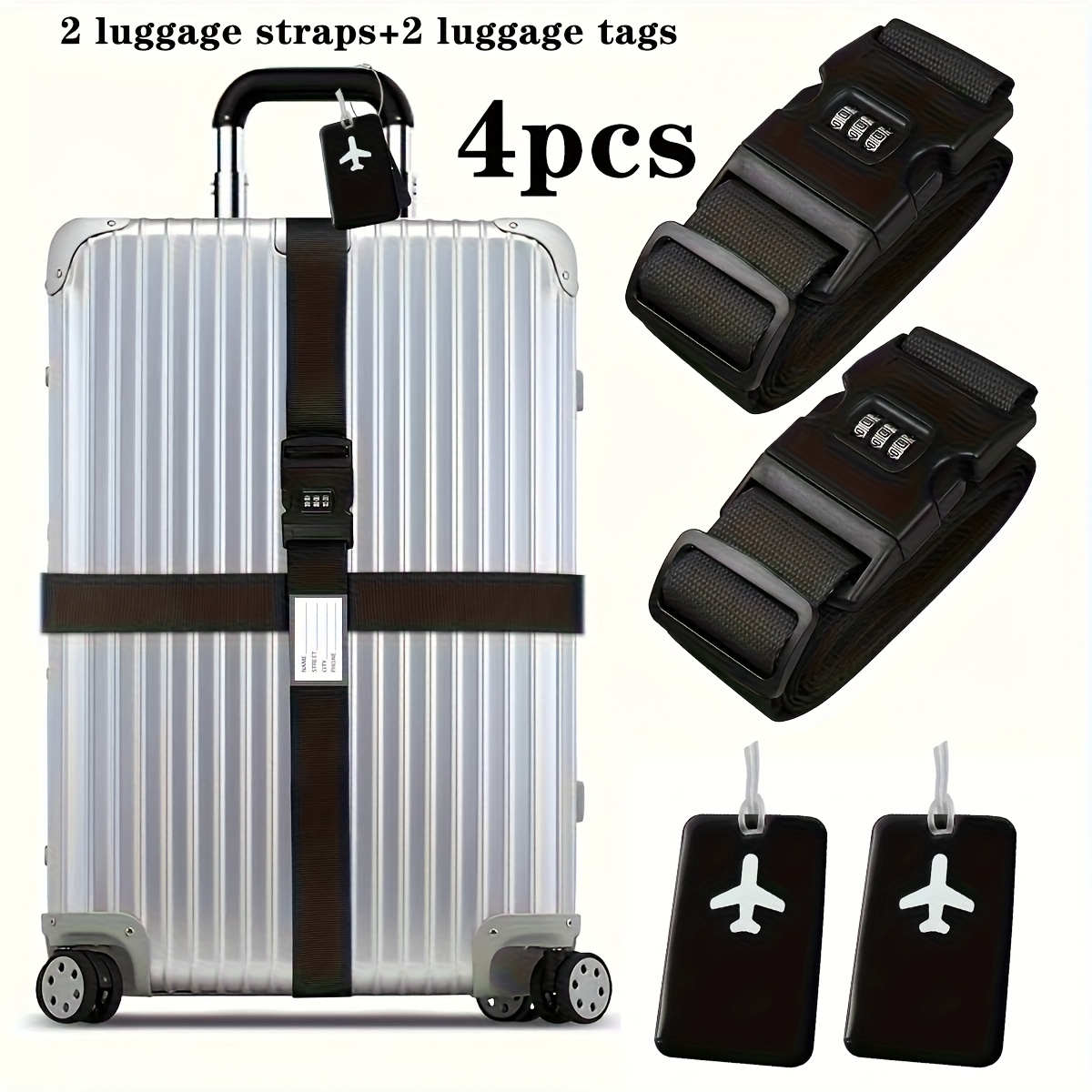 TEMU 4pcs Luggage Straps With Tags Set, 2pcs Suitcase Straps With Password Lock 2pcs Luggage Tags, Travel Packing Additions Set. Equipped With Lock,