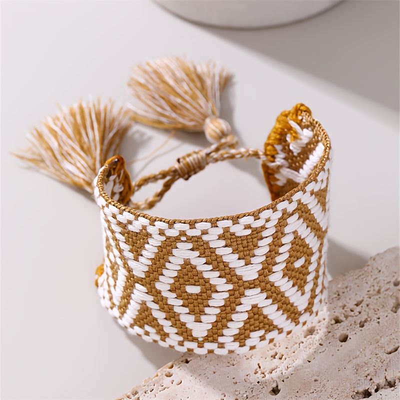 Image of 1pc Bohemian Pattern Hand Jewelry Ethnic Style Wide Adjustable Bracelet Individual Tassel Women's Fashion Bracelet