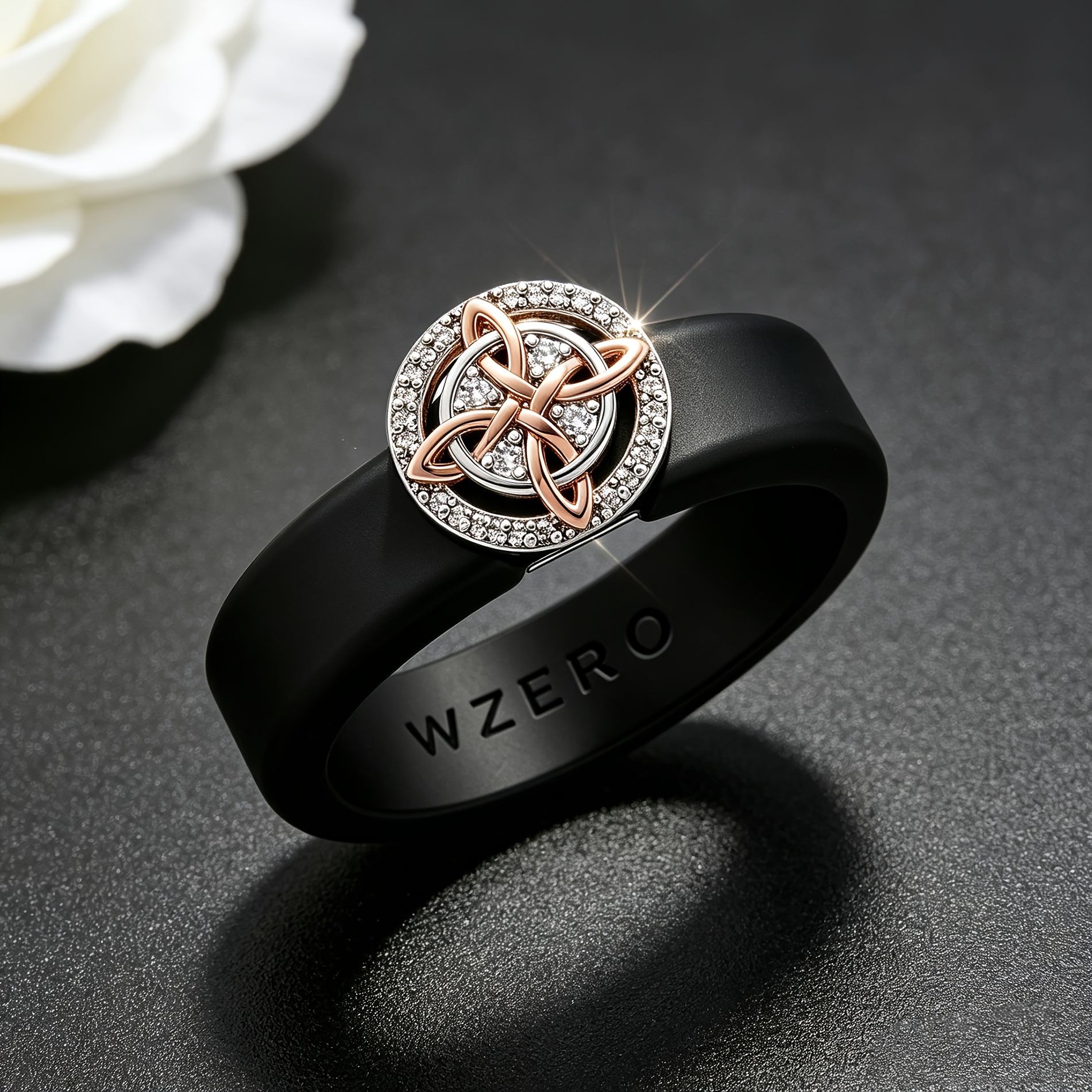 TEMU Black Matte Silicone Ring Women's Rose Golden Celtic Knot Inlaid Sparkling Zirconia Light Luxury Niche All-match Band
