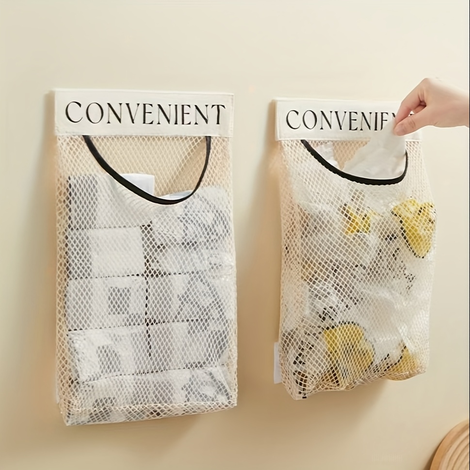 wall mounted plastic bag organizer reusable elastic mesh storage rack non food grade for kitchen and clothing bags details 0