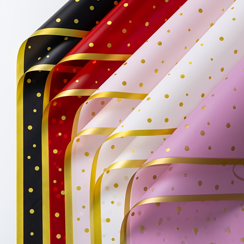 TEMU 5- Waterproof Flower Wrapping Paper With Golden Dots & / Borders - Plastic Gift Wrap Suitable For Florist Bouquets, Wedding, Birthdays, Showers