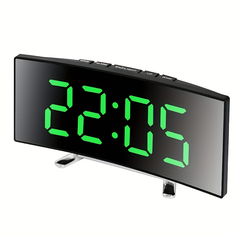 E-shop Moderne LED-Spiegeluhr mit gebogener Anzeige - Leiser Digitalwecker, dimmbar, oder batteriebetrieben, Batterien nicht enthalten, ABS-Material -