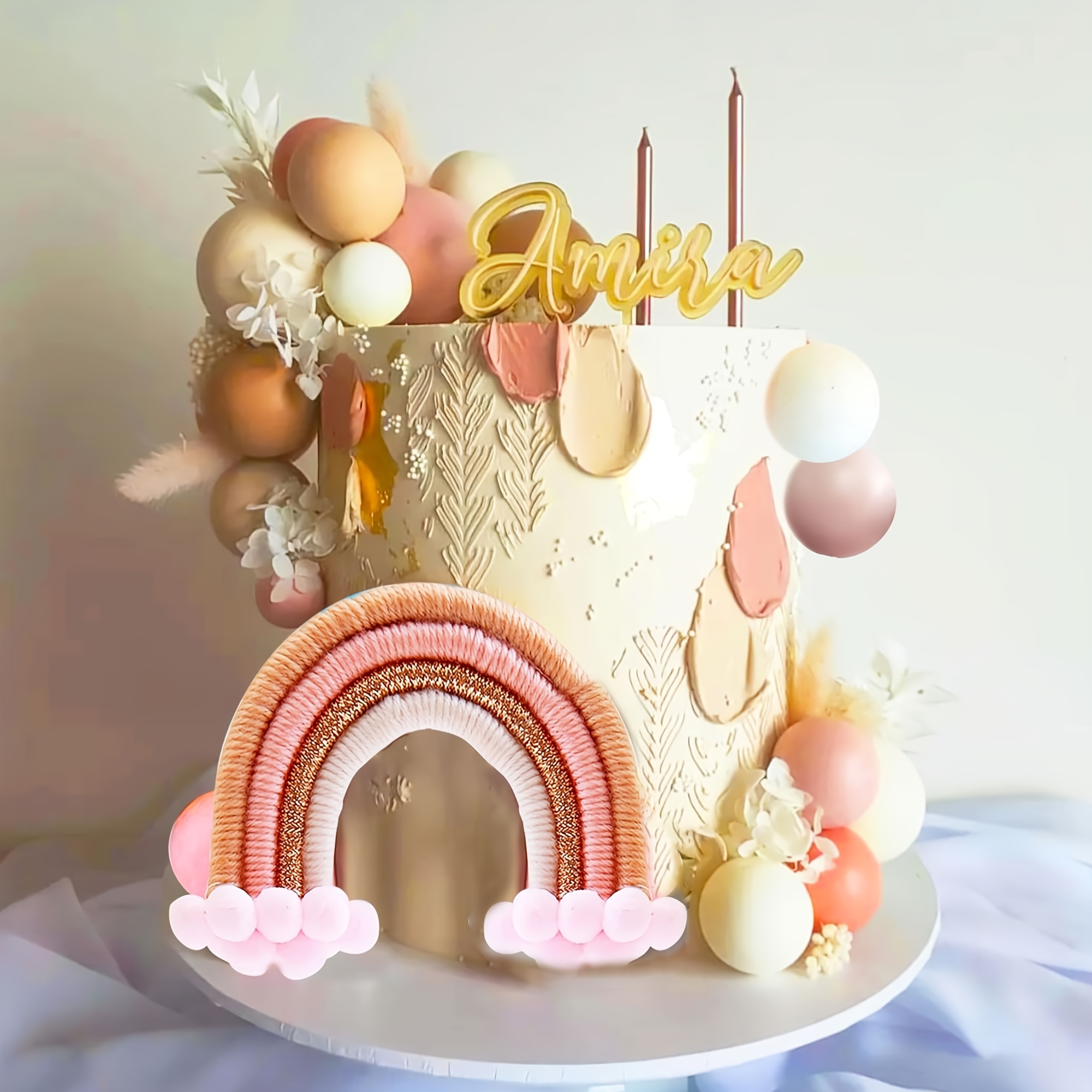 

Boho Rainbow Party Cake Decorating Kit - 16pc Set With Pink & White Balls, Perfect For Birthdays & Celebrations