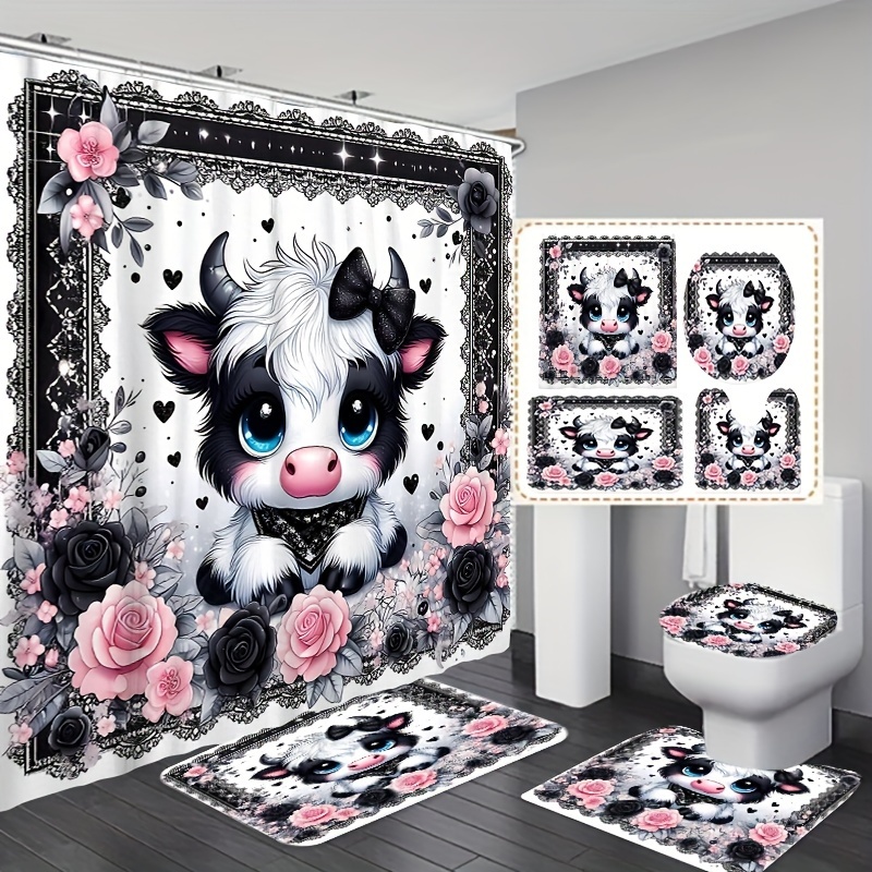 

1/3/4pcs Cow Floral Print Shower Curtain Set, Waterproof Bathroom Curtain With Free Hooks, Non-slip Rug, Toilet Lid Mat And Bath Mat, Bathroom Accessories
