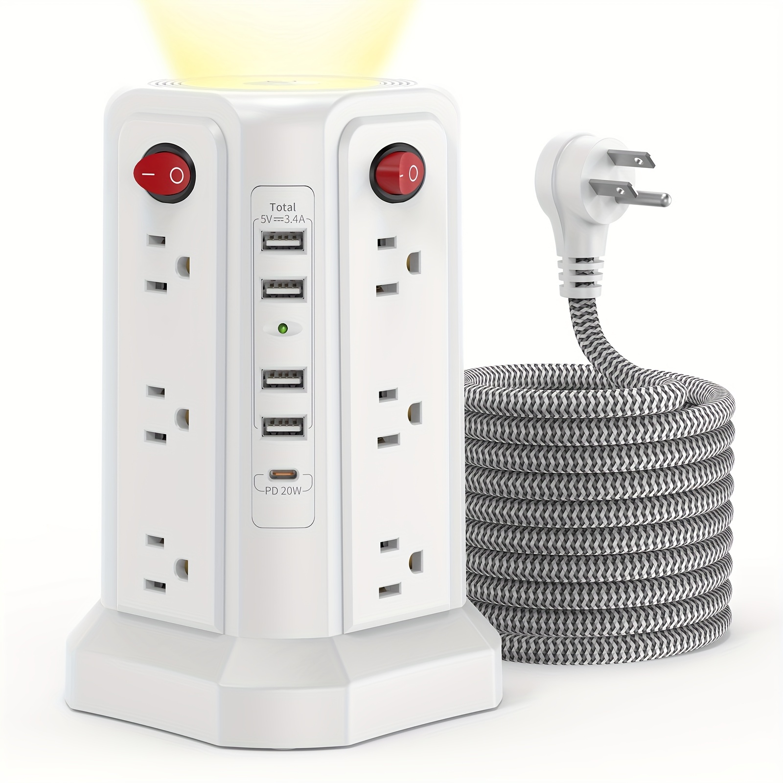 TEMU Multiprise de protection contre les surtensions PD20W de tour avec 4 ports et veilleuse, rallonge de 1,8 mètre avec 12 prises CA, PASSUS ,