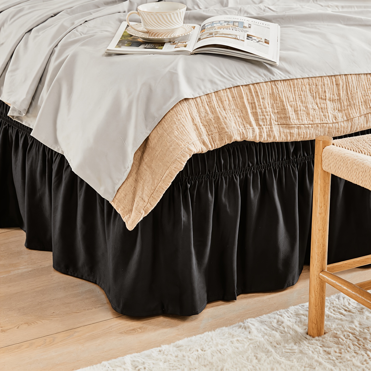 Wrap Around Dust Ruffle Bed Skirt - Fashionable & Long-lasting with Double Elastic Belts - Made for Various Size Beds with 15 Inch Tailored Drop - Easy Fit Adjustable Elastic Strap - Pleated Bedskirt with Brushed Fabric - Wrinkle Free, Machine Wash