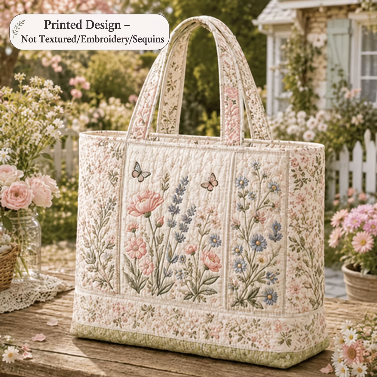 TEMU Printed Design, Not Textured, Embroidery, Sequins Pastel Garden Quilted Tote Bag, 2d Art Print Large Capacity Tote, Fabric Tote Bag, Shopping