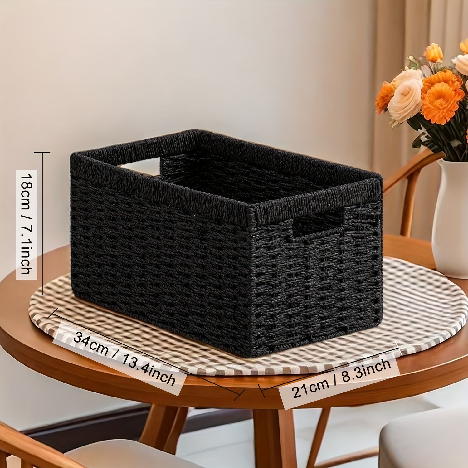 1pc - Woven Paper Rope Storage Basket, 13.4l×8.3h×7.1w Inches, Suitable For Shelves, Foldable Rectangular Design With Handle, Ideal For Organizing, Shelf Baskets