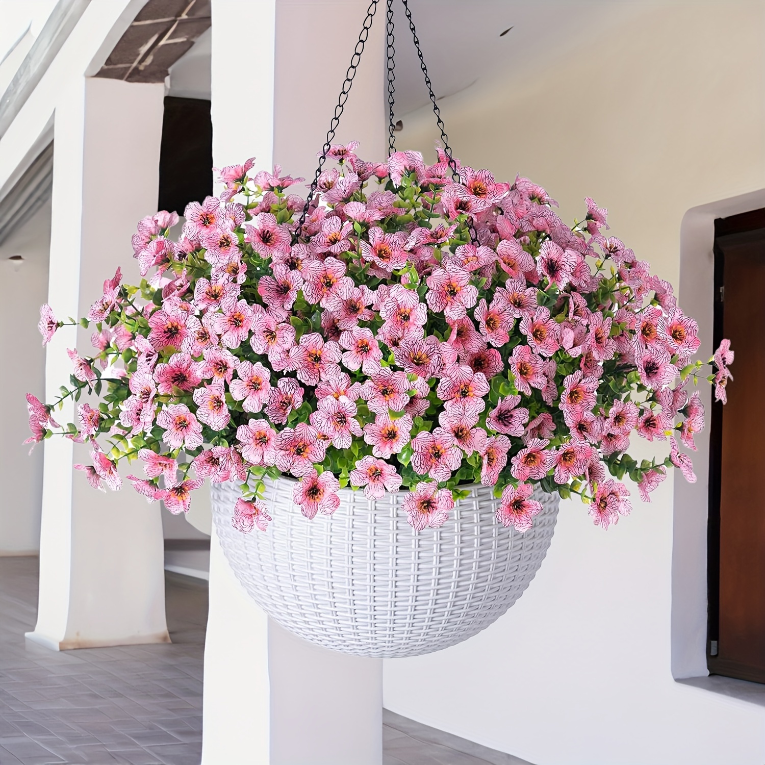 

Uv Resistant Outdoor Artificial Daisy Flowers In Hanging Basket - Fabric Fake Eucalyptus Plant Decor For Patio, Porch, Wedding And Engagement, All-season Summer Home Décor With Durable Container